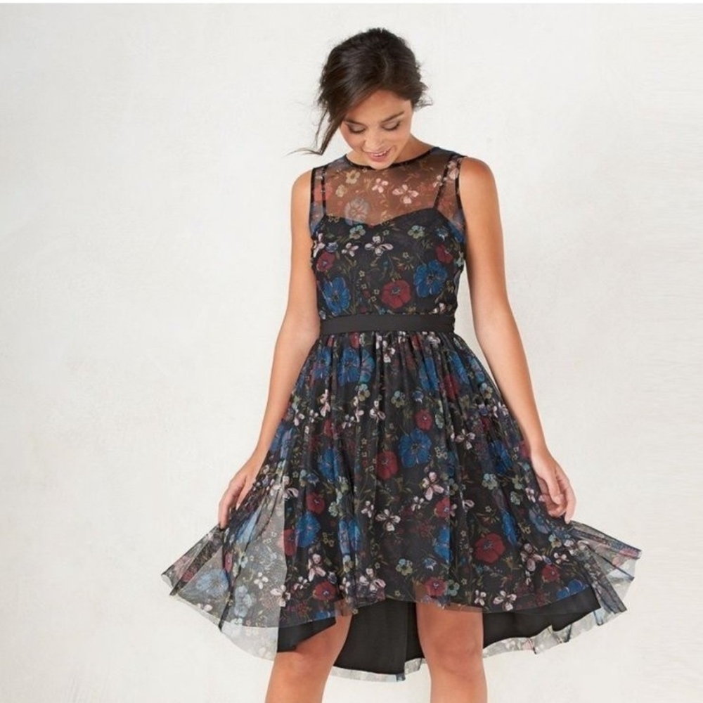 LC Lauren Conrad Black Floral High-Low Dress with Sheer Yoke